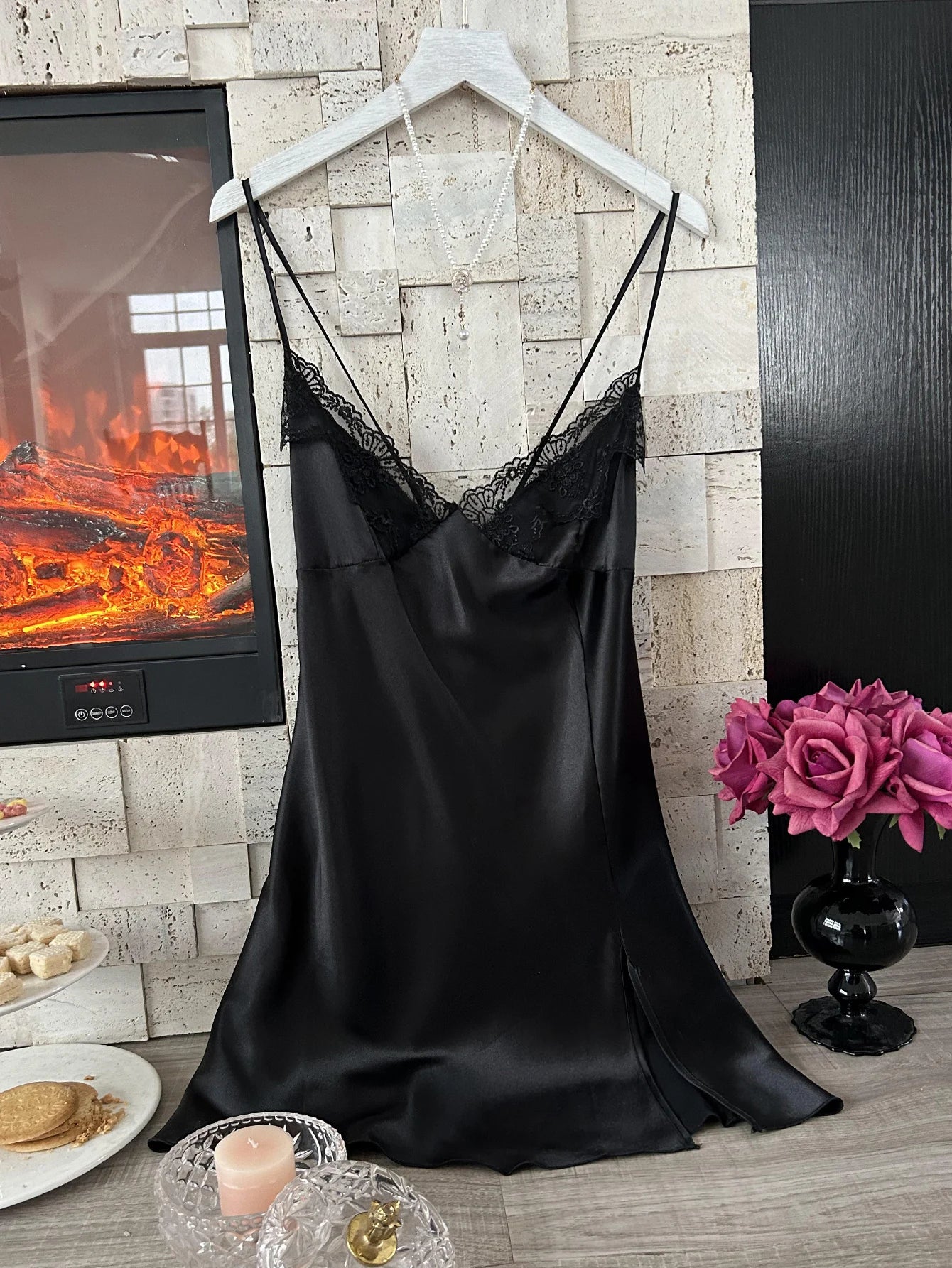 Satin Lace Nightdress – V-Neck with Slit