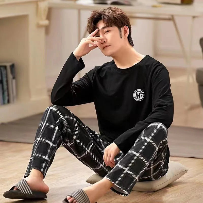 Men’s Long Sleeve Pajama Set – T-Shirt & Plaid Pants