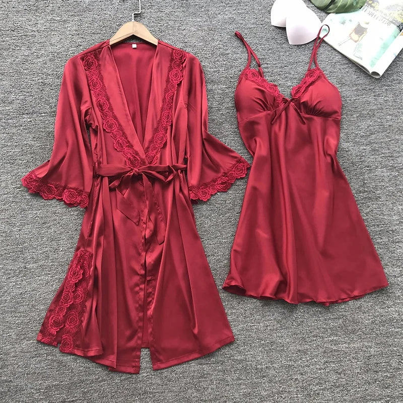 Women’s Satin Pajama Set with Robe – 3 Piece Nightwear