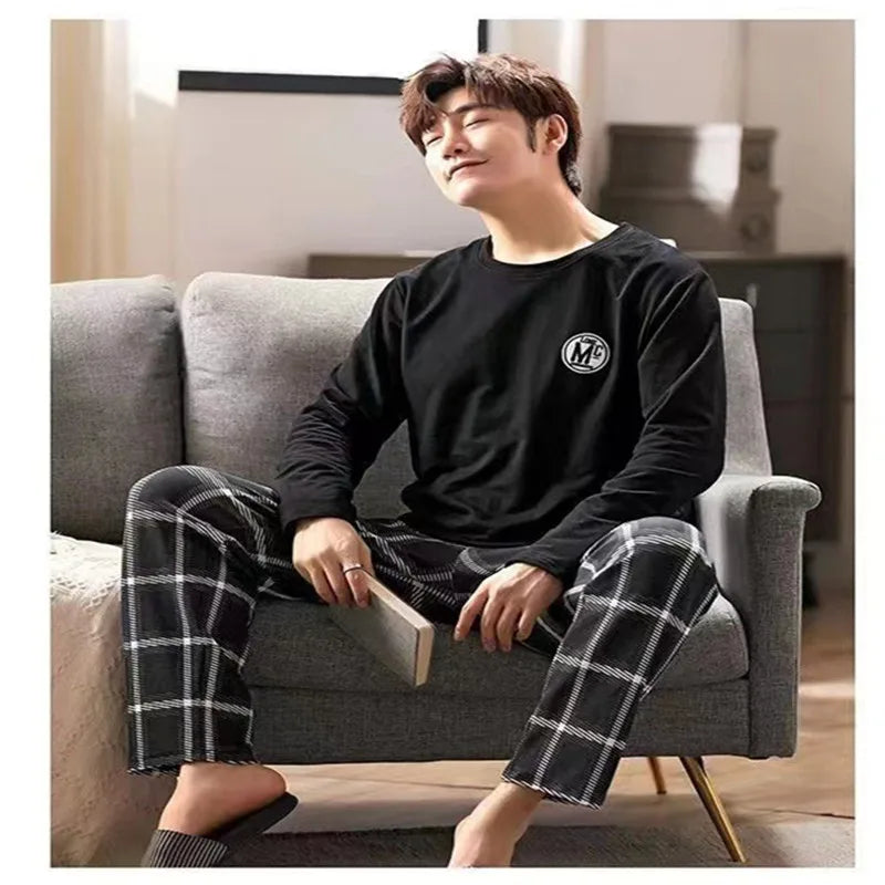 Men’s Long Sleeve Pajama Set – T-Shirt & Plaid Pants
