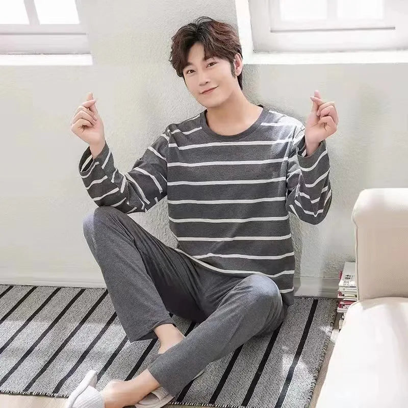 Men’s Long Sleeve Pajama Set – T-Shirt & Plaid Pants
