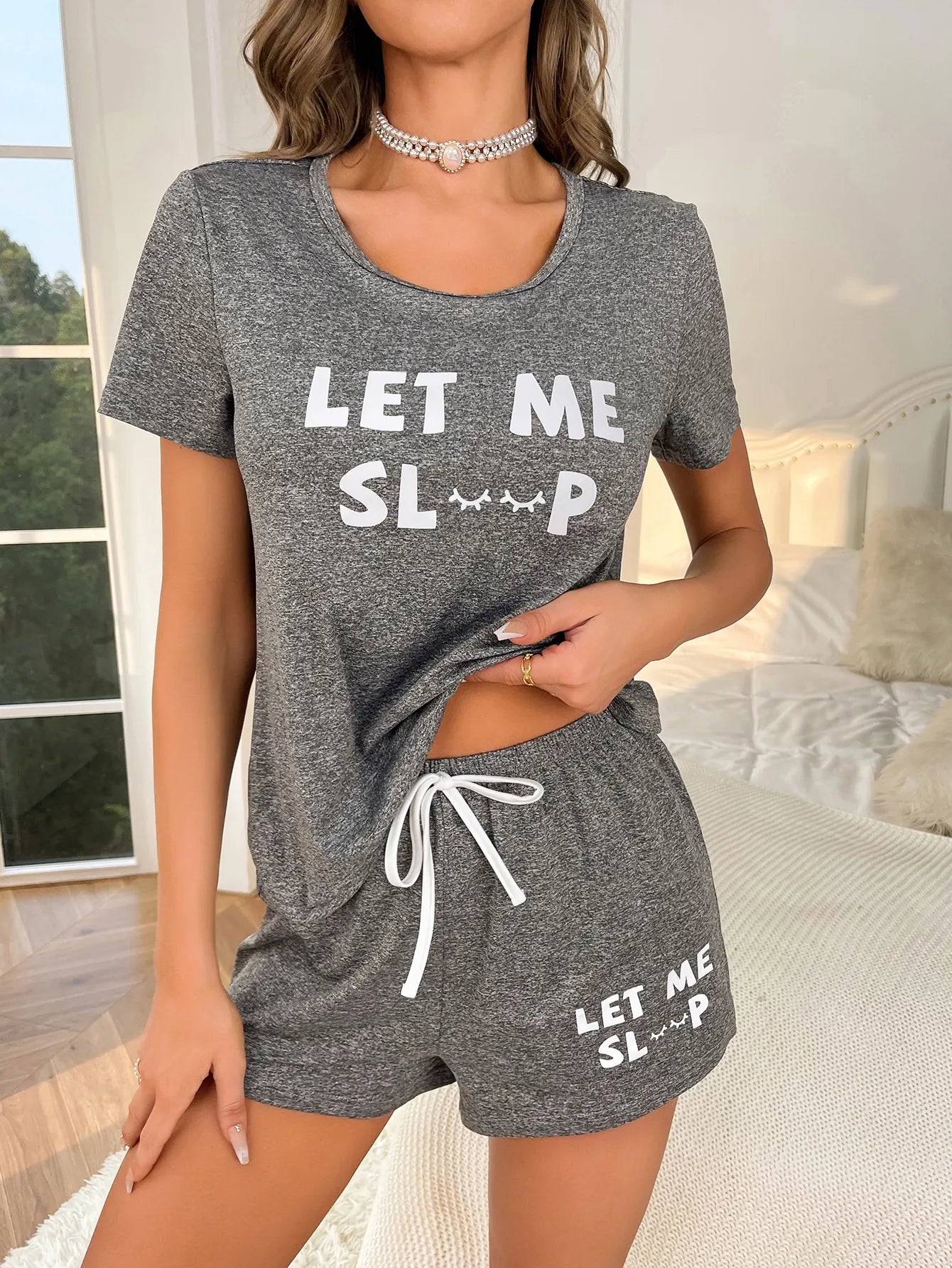 Women’s Pajama Set – 2pcs Gray Letter Top & Shorts