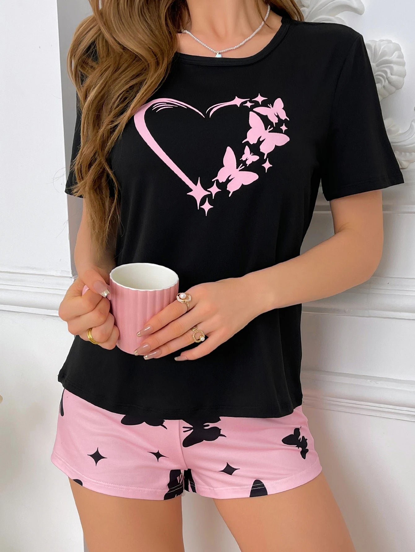 Women’s Pajama Set – Black Heart Top & Pink Shorts