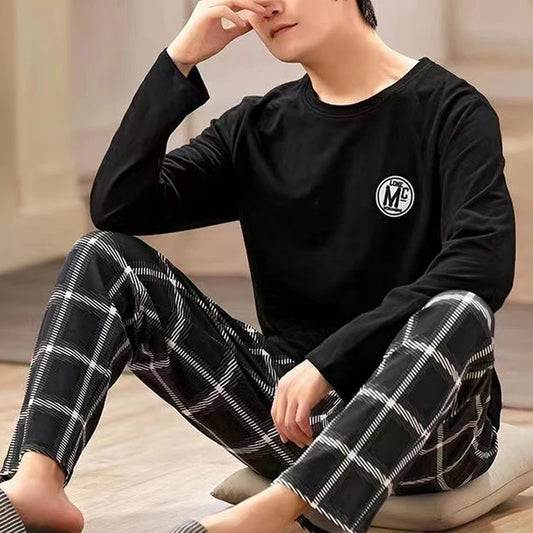 Men’s Long Sleeve Pajama Set – T-Shirt & Plaid Pants