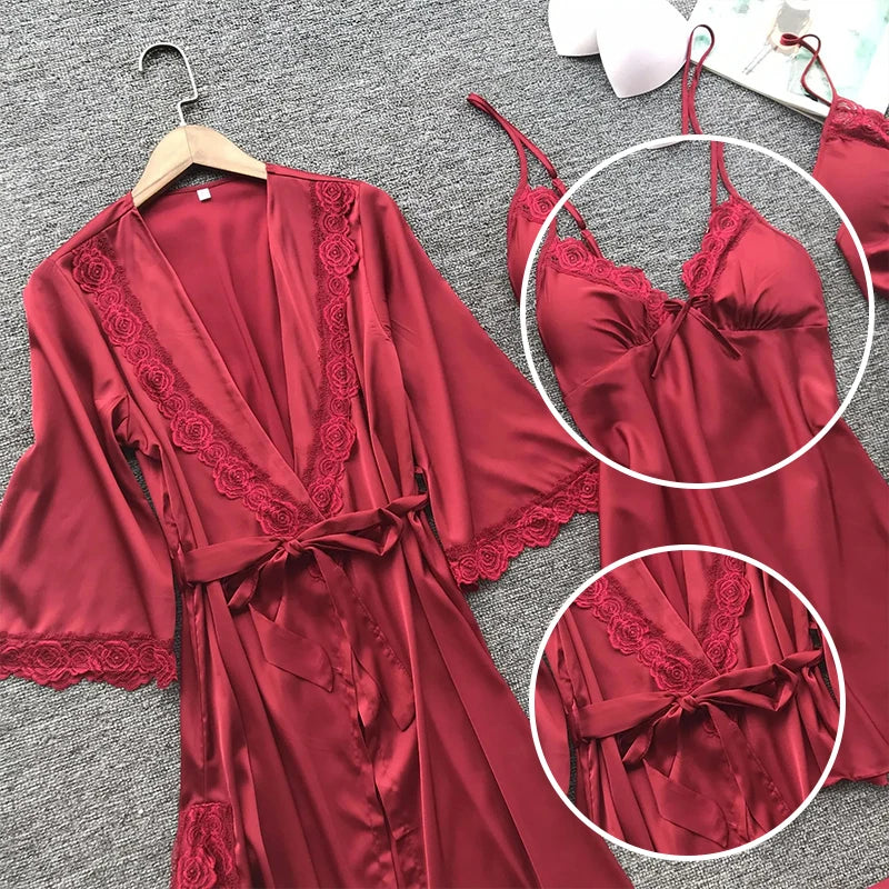 Women’s Satin Pajama Set with Robe – 3 Piece Nightwear