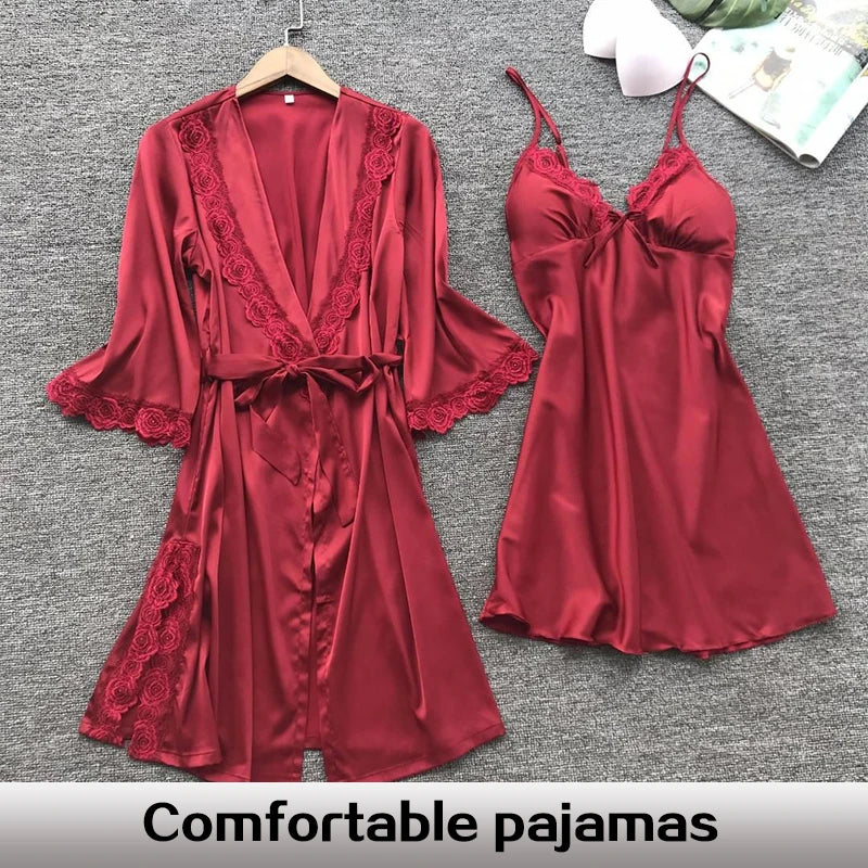 Women’s Satin Pajama Set with Robe – 3 Piece Nightwear