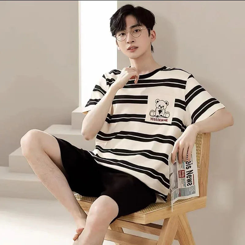 Men’s Striped Pajama Set – T-Shirt & Shorts