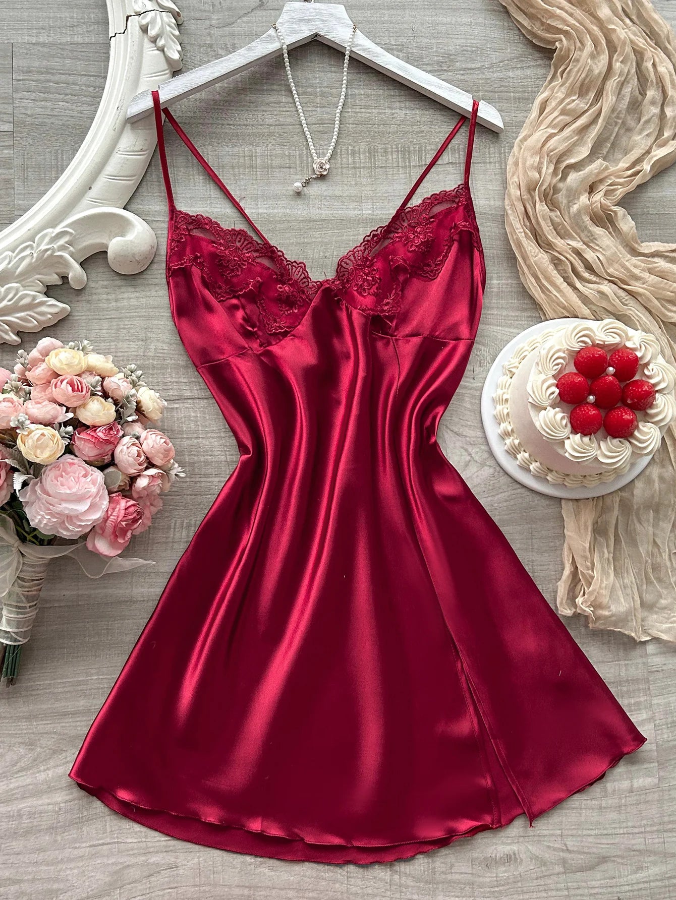 Satin Lace Nightdress – V-Neck with Slit
