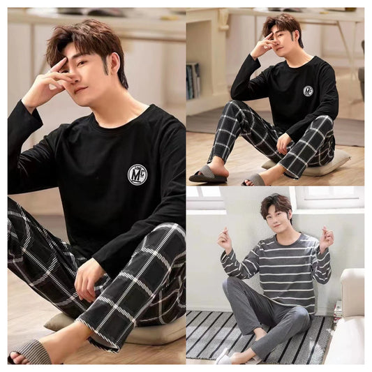 Men’s Long Sleeve Pajama Set – T-Shirt & Plaid Pants