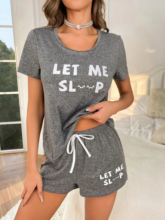 Women’s Pajama Set – 2pcs Gray Letter Top & Shorts