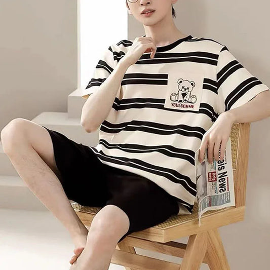 Men’s Striped Pajama Set – T-Shirt & Shorts