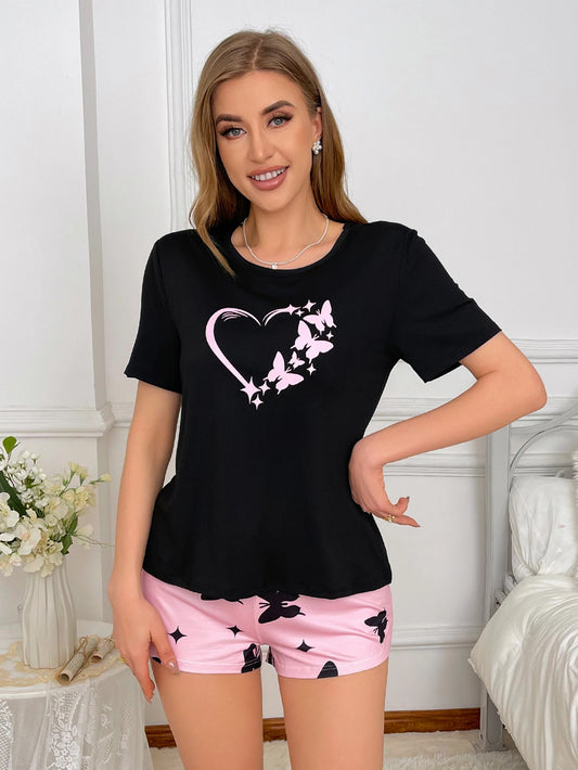 Women’s Pajama Set – Black Heart Top & Pink Shorts