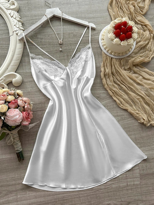 Satin Lace Nightdress – V-Neck with Slit